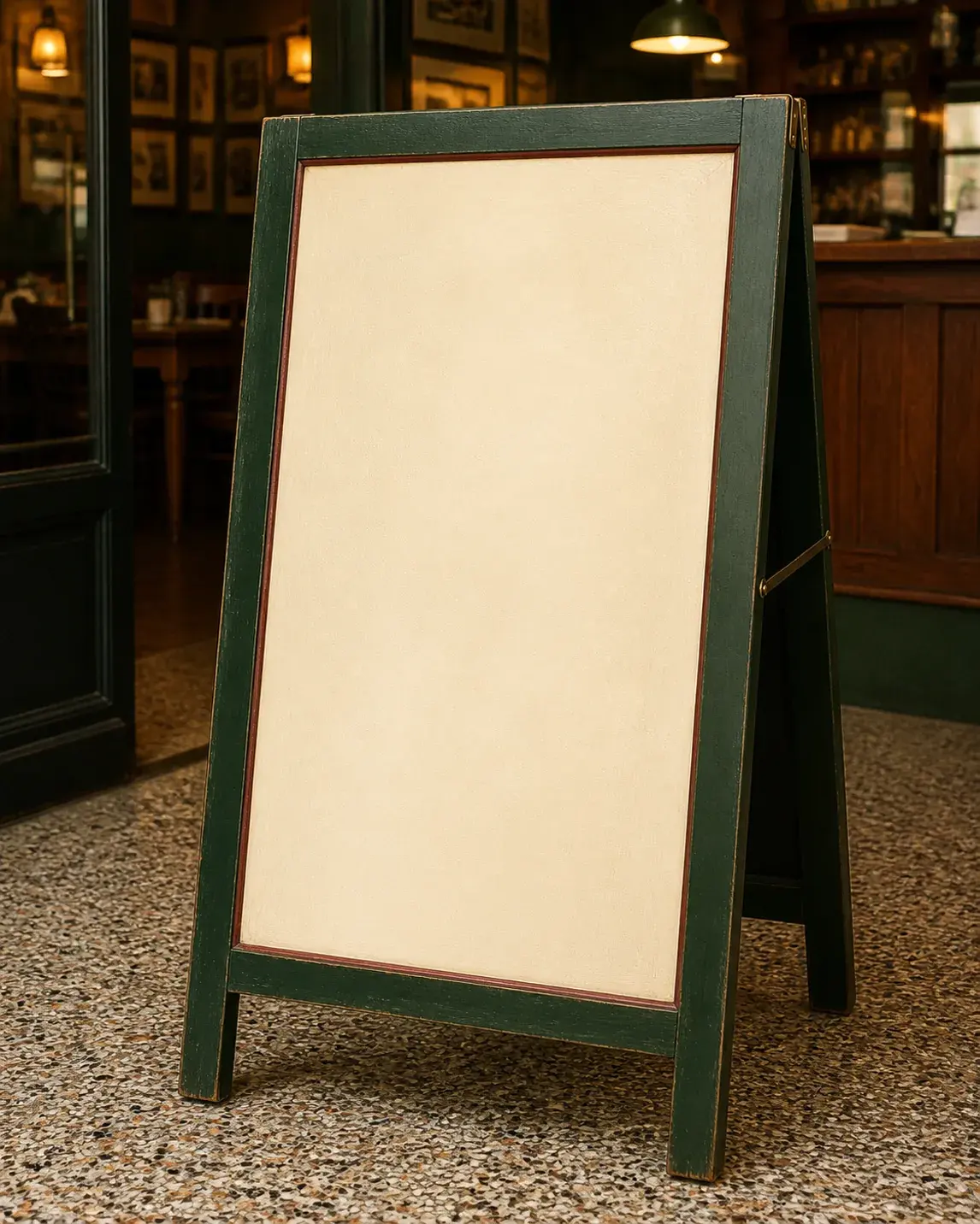 A forest green folding restaurant easel near the front counter